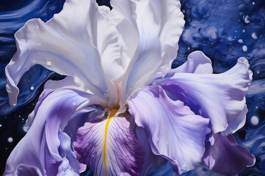 A closeup photograph of acrylic painting of iris flower, white violet clair colors acrylic paint flowing down. AI Generative