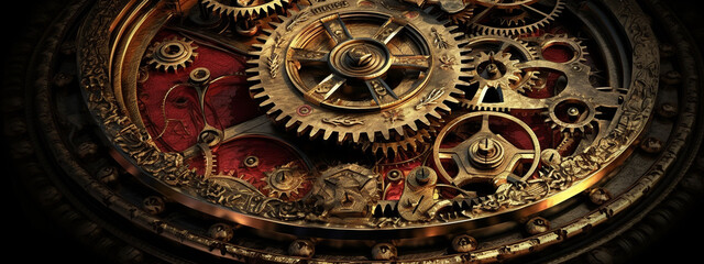 Fototapeta na wymiar clock background, generative, ai, machine, mechanical, red, gold