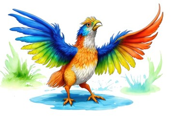 Obraz na płótnie Canvas Watercolor imaginary a colorful bird, rainbow fur.