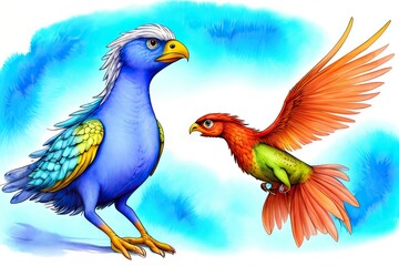 Watercolor imaginary a colorful bird, rainbow fur.