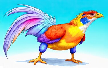 Watercolor imaginary a colorful bird, rainbow fur.