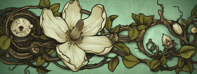 Magnolia , old , background, generative, ai, steampunk style, vintage