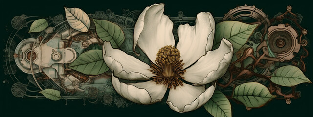 Magnolia , old , background, generative, ai, steampunk style, vintage - obrazy, fototapety, plakaty