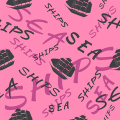 Black and white silhouettes of ships and inscriptions the SEA, SHIPS on a pink background. Marine theme. Printing on fabric. Background images with infographics. Vector illustration.