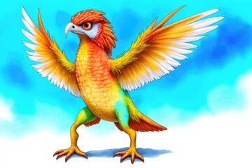 Watercolor imaginary a colorful bird, rainbow fur.