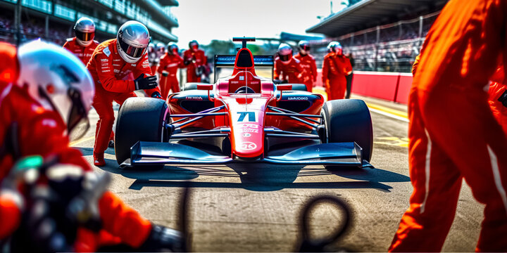 Professional pit crew ready for action as their team's race car arrives in the pit lane during a pitstop of a car race, concept of ultimate teamwork	