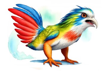 Watercolor imaginary a colorful bird, rainbow fur.