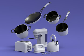 Espresso coffee machine, hand mixer, kettle and toaster on violet background.