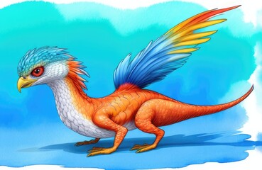 Watercolor imaginary a colorful bird, rainbow fur.