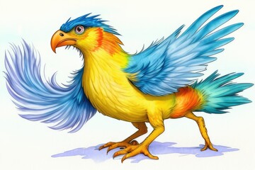 Watercolor imaginary a colorful bird, rainbow fur.