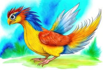 Watercolor imaginary a colorful bird, rainbow fur.