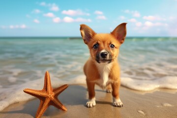 Dog starfish on the ocean, tropical beach background, Generative ai