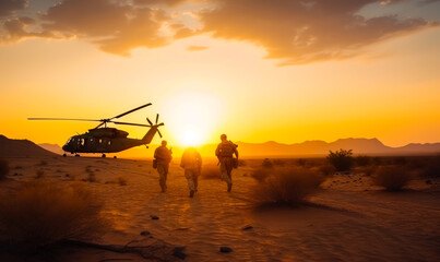 Three uniformed men going to the helicopter. Soldiers are on mission in the desert at sunset. Generative AI.