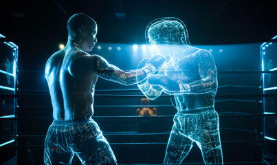 Two boxers fighting at the ring. Hologram fighters boxing. Cyber sport concept. Generative AI.