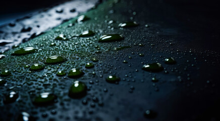 Black surface with drops of water. Wet upside backdrop. Generative AI.