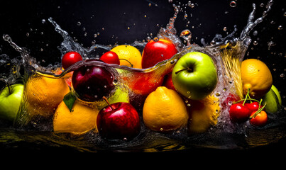 Fresh juicy fruit in the splashes of mineral water. Close up Black backdrop. Generative AI.