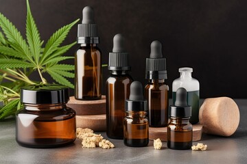 Top view flatlay cbd Oil care products, Generative ai