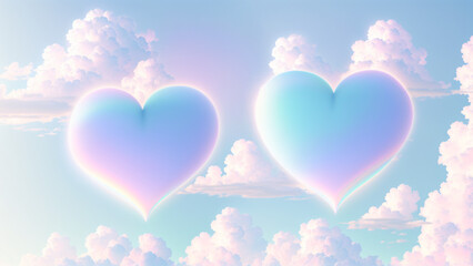 Obraz na płótnie Canvas Two hearts in the sky, light pastel holographic psyshedelic peaceful palette, AI Generated