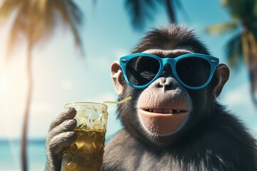 Photo of monkey with sunglasses drinking Blue Hawaii on beach in Hawaii, Generative ai