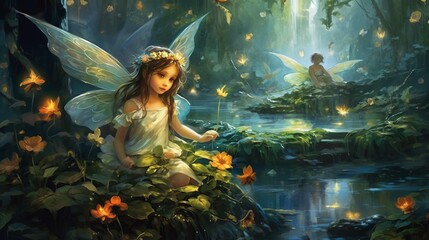 Fantasy Fairy in a magical forest wallpaper background art - obrazy, fototapety, plakaty