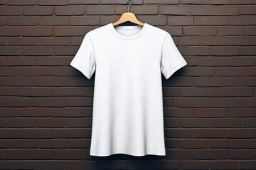 Mockup white Tshirt hanging on brick background, Generative ai
