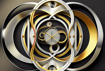 Metal mechanism in white and gold metal. Abstract background of smooth, round elements. AI generated.