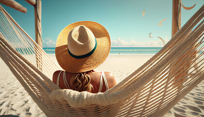 A young woman in a straw hat lies in a wicker hammock and looks at the sea. Back view. AI generated.