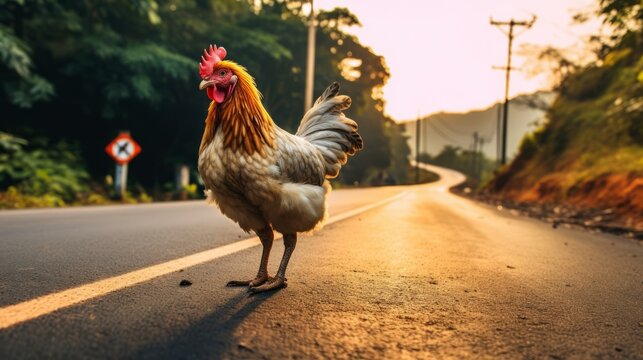 Farm chicken crossing the road