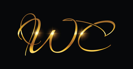 A vector illustration of Golden WC Monogram Initial Letters Logo  in black background with gold shine effect