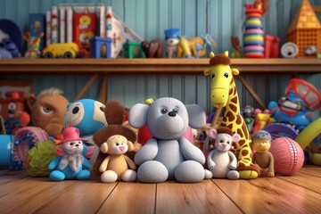 Obraz premium Set of different cute toys on wooden table in children's room, Generative ai