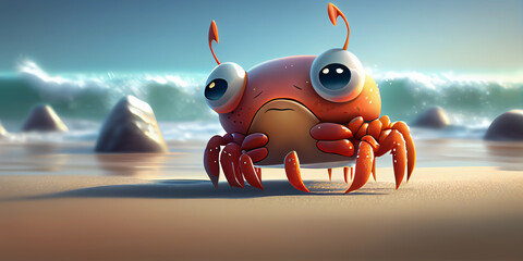 Character, cartoon crab on the sandy beach. Abstract illustration. - obrazy, fototapety, plakaty