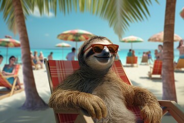 Sloth is on summer vacation at seaside resort and relaxing on summer beach, Generative ai
