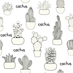 Cute seamless decoration pattern with cactus plant in pots - 616539473