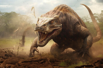Fototapeta premium Photorealistic Komodo dragon attacks. AI generated. Komodo dragon with open mouth with teeth.
