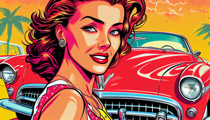 Portrait of a woman on the background of a retro car. Retro comedian rockabilly style 60s-70s. AI generated.