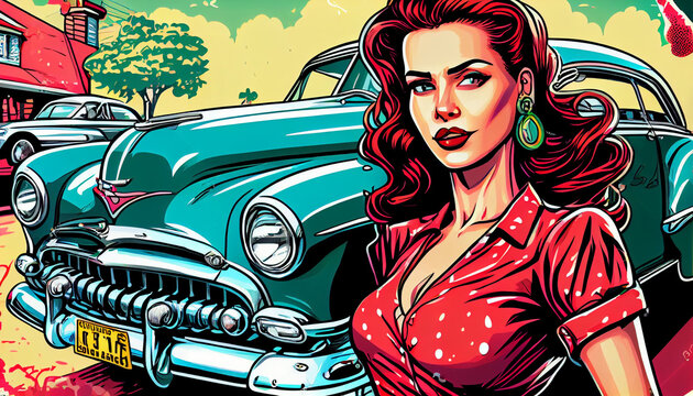 Portrait of a woman on the background of a retro car. Retro comedian rockabilly style 60s-70s. AI generated.