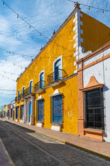 Campeche city street with colourful housing architecture, Campeche state, Yucatan, Mexico.