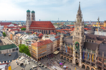 Fototapeta premium Aerial view of Marienplatz Square and New Town Hall in Munich