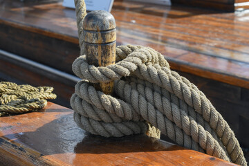 Details of an old wooden schooner in the archipelago in midsummer