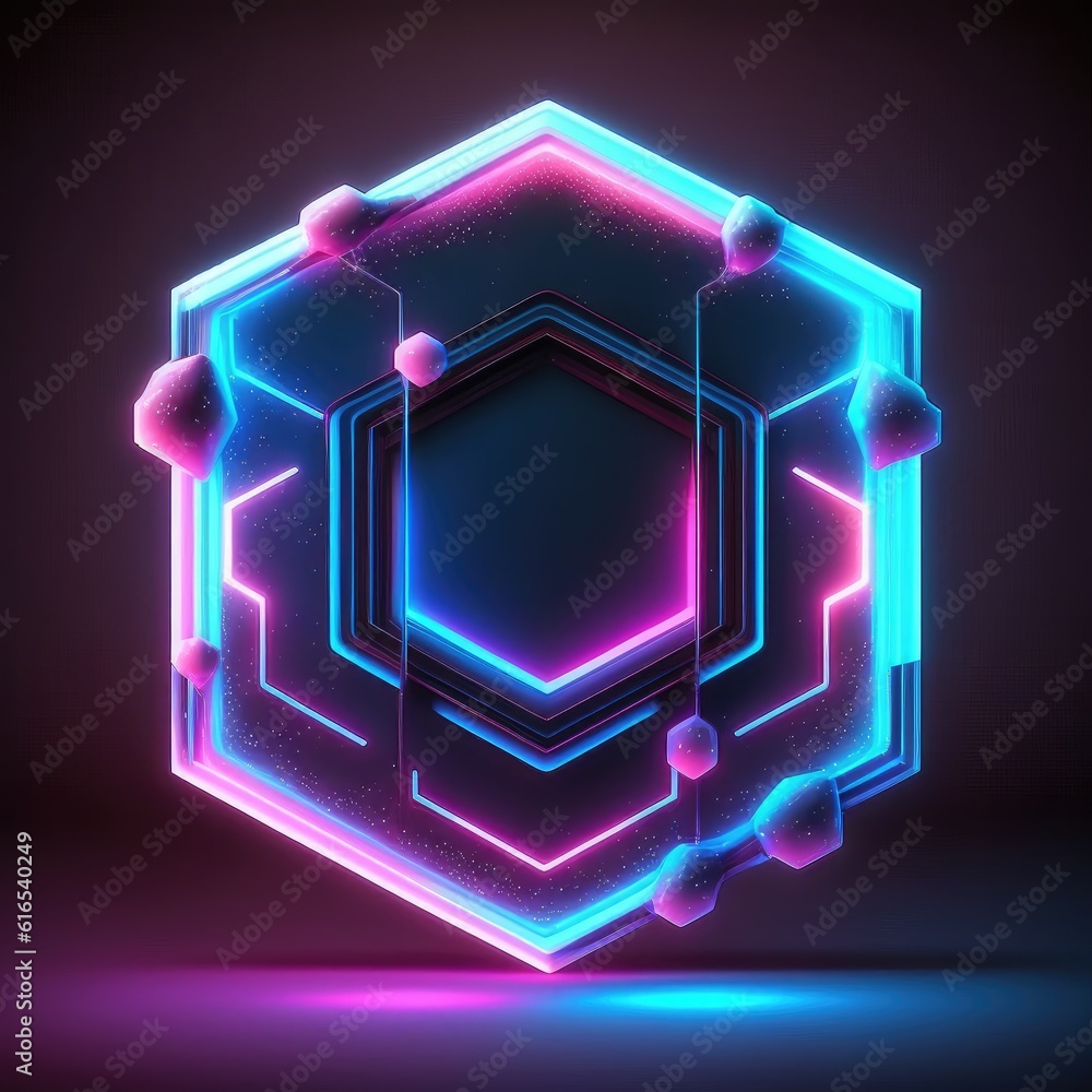 Poster overlapped lightning neon magical hexagon effecting on black background. reflection of glowing digit