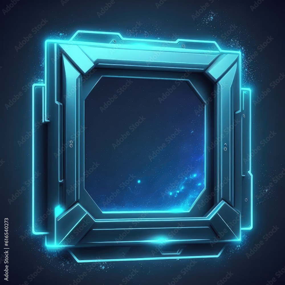 Poster abstract of glowing futuristic square frame illuminated with neon blue color light. concept of futur