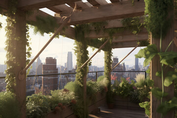 Fototapeta premium An urban rooftop greenhouse with vertical hydroponics, energy-efficient LED lighting, and community involvement, empowering local food production and green urban living in captivating 8k detail