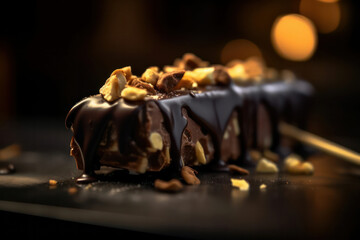 A hyperrealistic close-up of an ice cream bar dipped in chocolate and coated with crunchy nuts, showcasing the irresistible combination of creamy and crunchy textures in hyperrealistic 8k detail