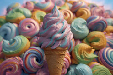 Fototapeta na wymiar A hyperrealistic capture of a colorful ice cream cone with swirls of different flavors, topped with rainbow sprinkles, embodying the joy and playfulness of summer in hyperrealistic 8k detail