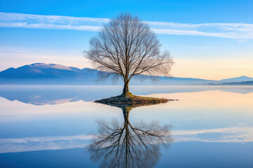 A hyperrealistic depiction of a solitary tree by a serene lake, with mirror-like reflections, capturing the tranquility and harmony of nature, in hyperrealistic 8k detail