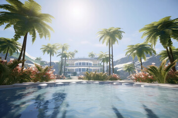 Fototapeta na wymiar A hyperrealistic shot of a magnificent swimming pool with a waterfall feature, creating a soothing and rejuvenating environment, perfect for unwinding and embracing the summer vibes