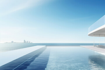 Fototapeta na wymiar A hyperrealistic portrayal of an infinity swimming pool, seamlessly blending with the horizon, creating an illusion of endless water