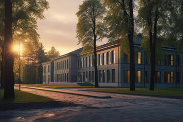 Naklejka premium A green university campus with abundant green spaces, bike lanes, and sustainable infrastructure, fostering a harmonious coexistence between education and nature in stunning 8k resolution