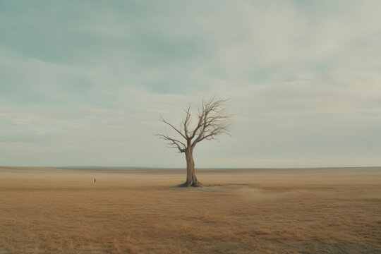 A hyperrealistic depiction of a solitary tree standing tall in a barren desert, symbolizing resilience and endurance, in hyperrealistic 8k detail