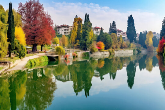 A panoramic view of a peaceful lake surrounded by autumn foliage, with vibrant colors reflecting on the water's surface, creating a picturesque and serene atmosphere in stunning 8k detail